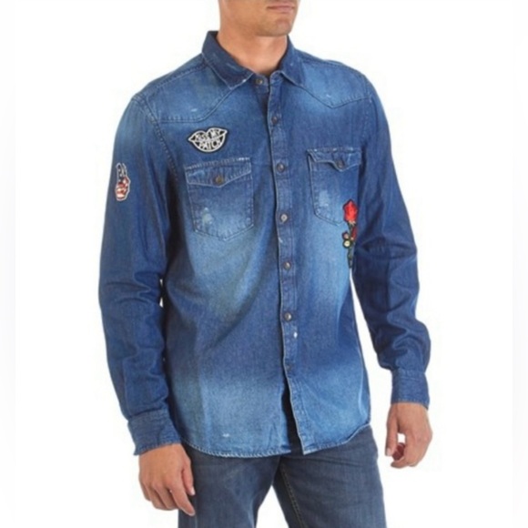 Zara denim shirt patches distressed unisex large button up boho Zip Code 1992 - Picture 12 of 13